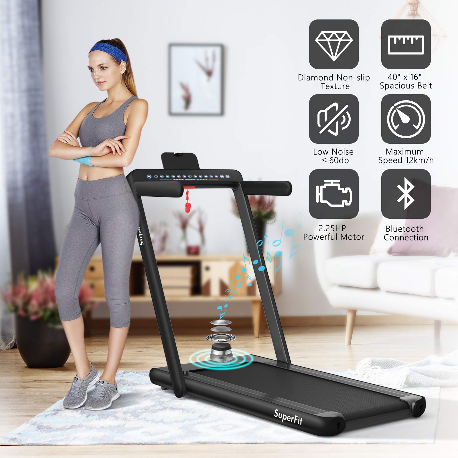 2-in-1 kokoontaitettava juoksumatto kahdella näytöllä, 2,25 hv Superfit sähköinen pöydänalusalusta