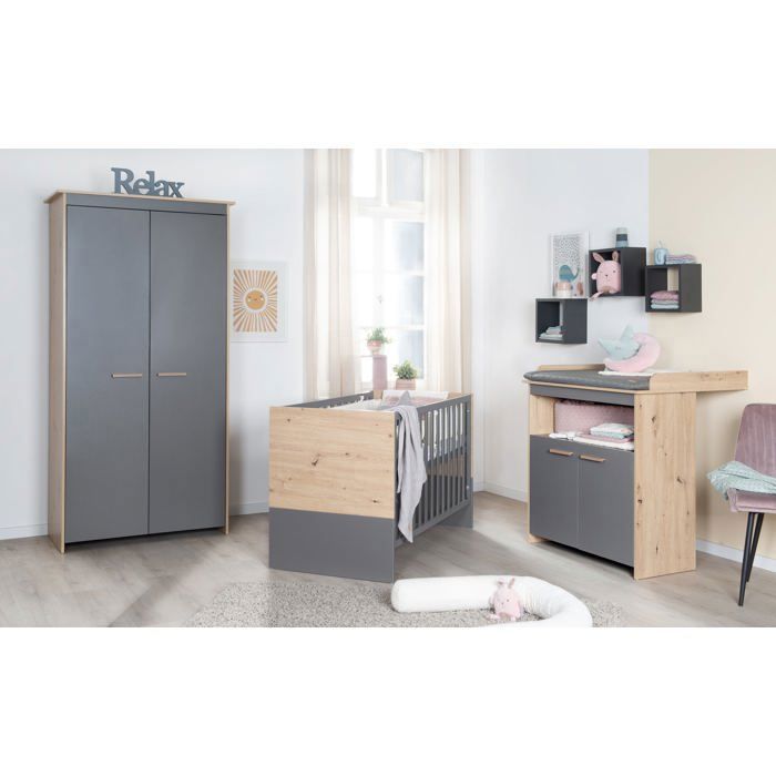 Conjunto completo de dormitorio infantil: cuna de 60 x 120 cm + cambiador + armario - ANNA - ROBA - Roble Kent / Antracita