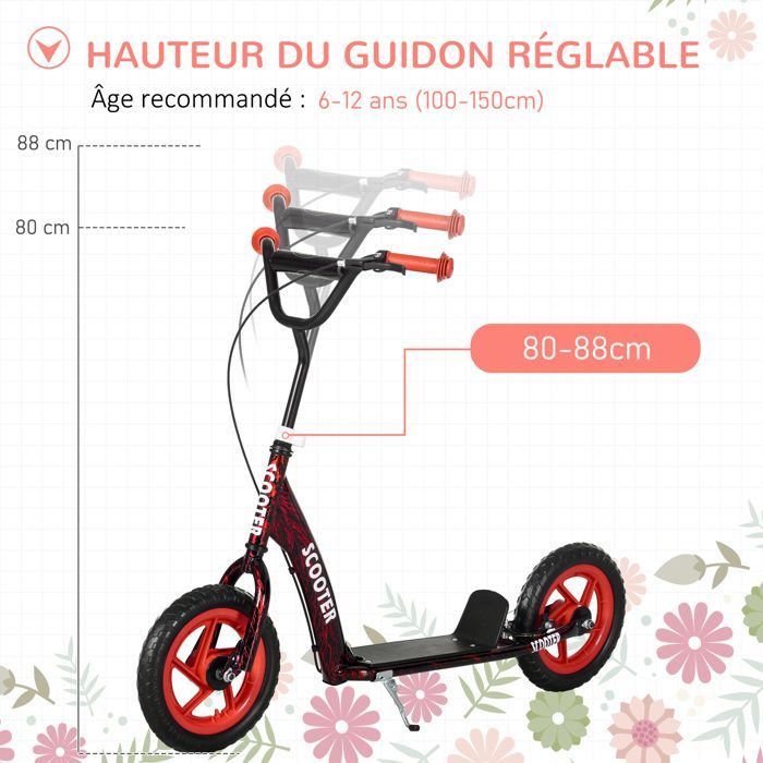 Patinete infantil - AIYAPLAY - Patinete para niños de 6 a 12 años, ruedas grandes de Ø 30 cm, freno, caballete - acero - rojo