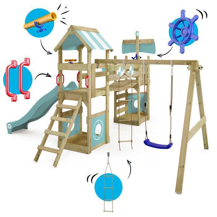 Parque infantil de madeira WICKEY StormFlyer em formato de barco, com escorregador azul pastel de 220 cm e parede de escalada – 10 anos de garantia*