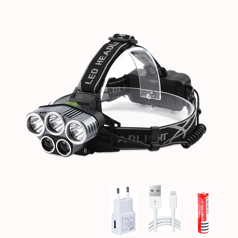 Lampe frontale LED élégante, 5 ampoules LED, rechargeable par USB, 6 modes d'éclairage, étanche, batterie 18650, idéale pour la pêche et le camping en extérieur.