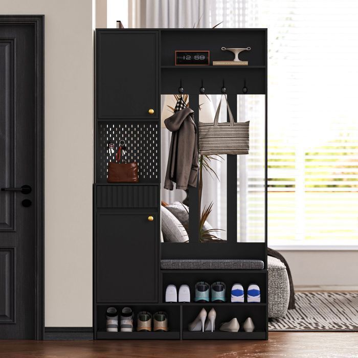 Mueble de entrada con 1 cajón y 2 puertas - Becag - Perchero de entrada con banco y 4 ganchos - 100x35x180cm - Negro