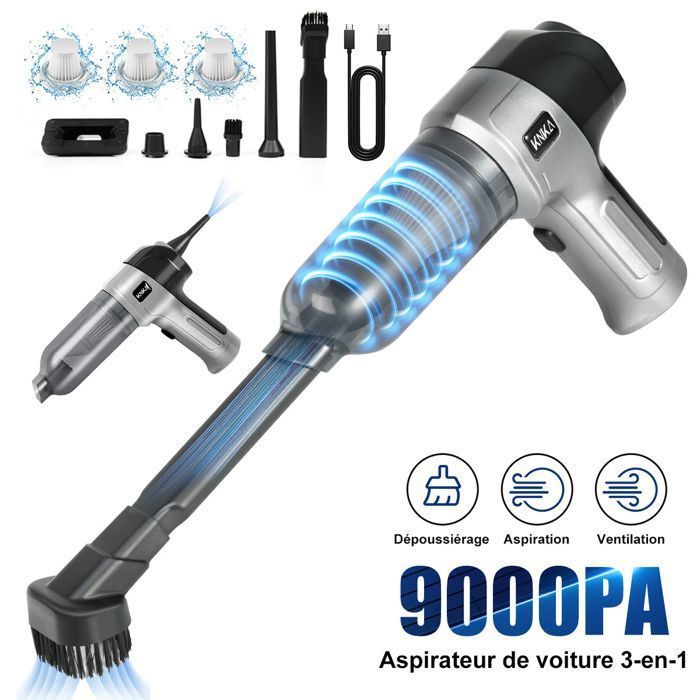 Aspirateur à Main - KNKA - 9000Pa - Sans Fil Rechargeable - 3 Filtres HEPA - 6 Buses Interchangeables