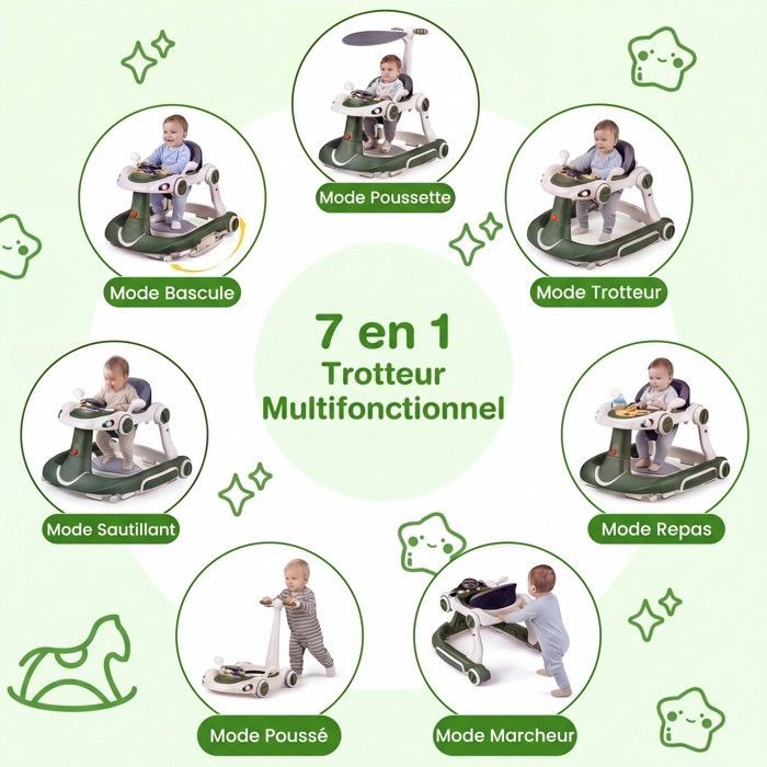 Trotteur Bébé Evolutif 7 en 1 COSTWAY-Hauteur/Vitesse Réglables-Lumières et Musique-Siège Amovible,Anti-basculement-Vert et Blanc