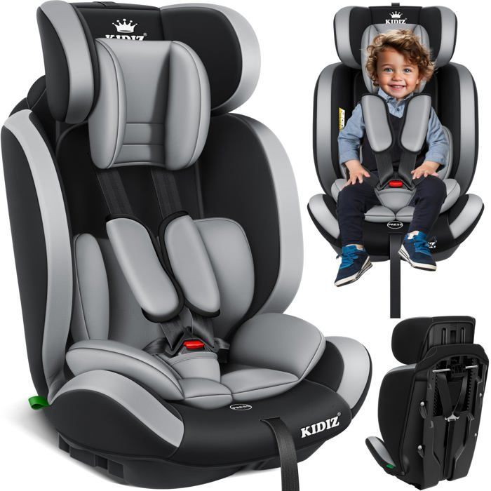 KIDIZ® Siège auto pour enfants et bébé 9-36 kg Groupe 1+2+3 Ceinture de sécurité à 5 Points Appuie-tête réglable et Évolutif Gris