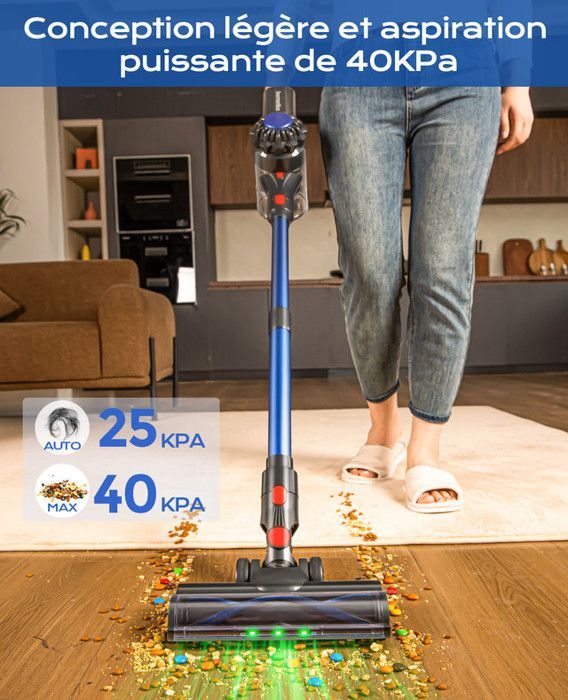 Ivormentico Aspirateur Balai sans Fil,50Mins/40K PA Aspirateur sans Fil,Aspirateur Balai avec LED Verte, Aspirateur avec Brosse