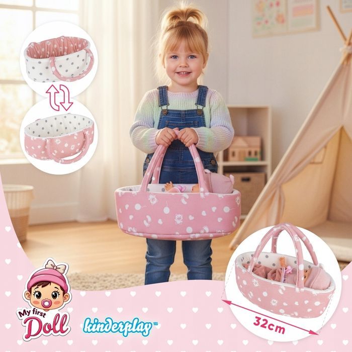 Muñeca bebé de 30 cm con portabebés, almohada, manta y chupete – Kinderplay (KP0662)