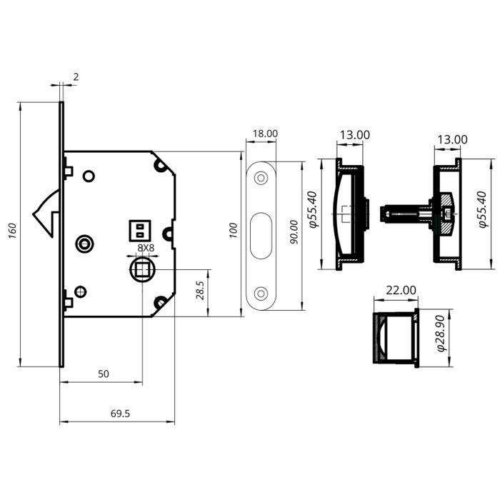 Sliding door lock with hook, 50mm backset, round rosettes, deadbolt + finger pulls + strike plate