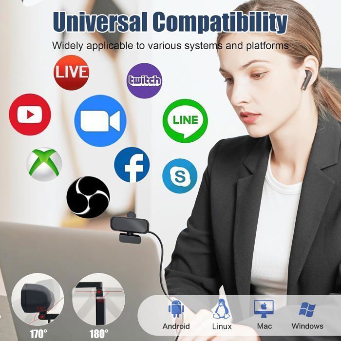 Webcam PC avec Micro & Trépied, Full HD 1080p, Caméra USB Plug Play pour Ordinateur Bureau Vidéoconférence Streaming