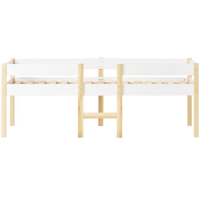 Lit enfant mi-hauteur 90x190 cm en pin massif blanc et chêne avec barrière anti-chute