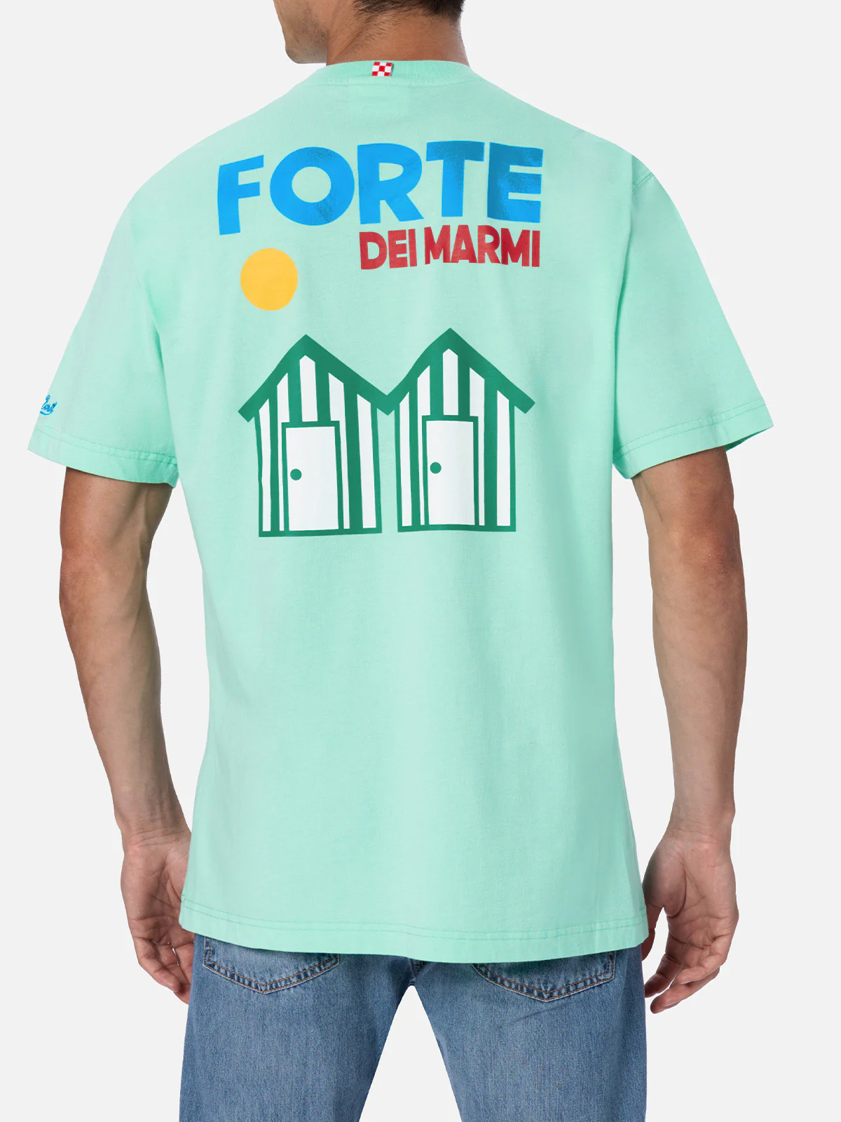 Heren katoenen T-shirt met print van een ansichtkaart van Forte dei Marmi