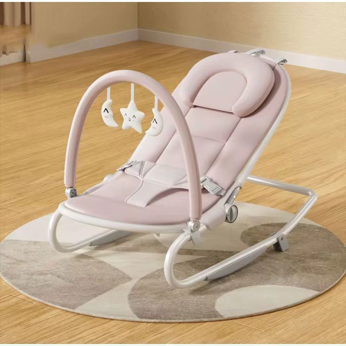 Sdraietta rosa convertibile, fissa o a dondolo, con giochi educativi. Seduta comoda e compatta, perfetta per il gioco di tutti i giorni.