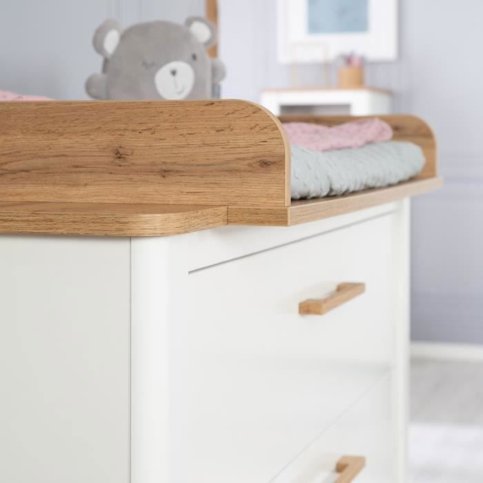 Commode à Langer ROBA Ava - 3 Tiroirs - Poignées en Bois Massif - Blanc - Aspect Chêne