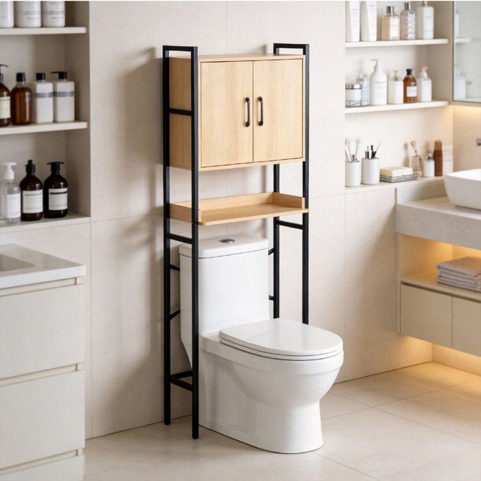 Mueble de baño con 2 puertas y estante ajustable - ALIGHTUP - mueble para lavadora de estilo industrial, 64,5 x 30 x 171 cm, Roble
