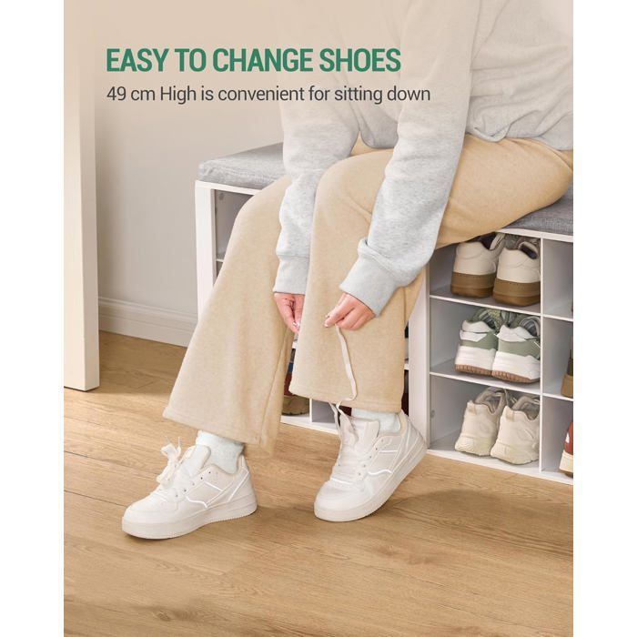 Banco zapatero, banco de almacenamiento con 12 compartimentos, perchero, estante para zapatos, con 9 ganchos, blanco-gris