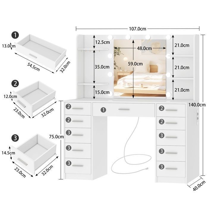 Coiffeuse avec miroir avec station de recharge, 10 ampoules LED, Coiffeuse avec 11 tiroirs, 4 étagères, 107*40*140cm, blanc