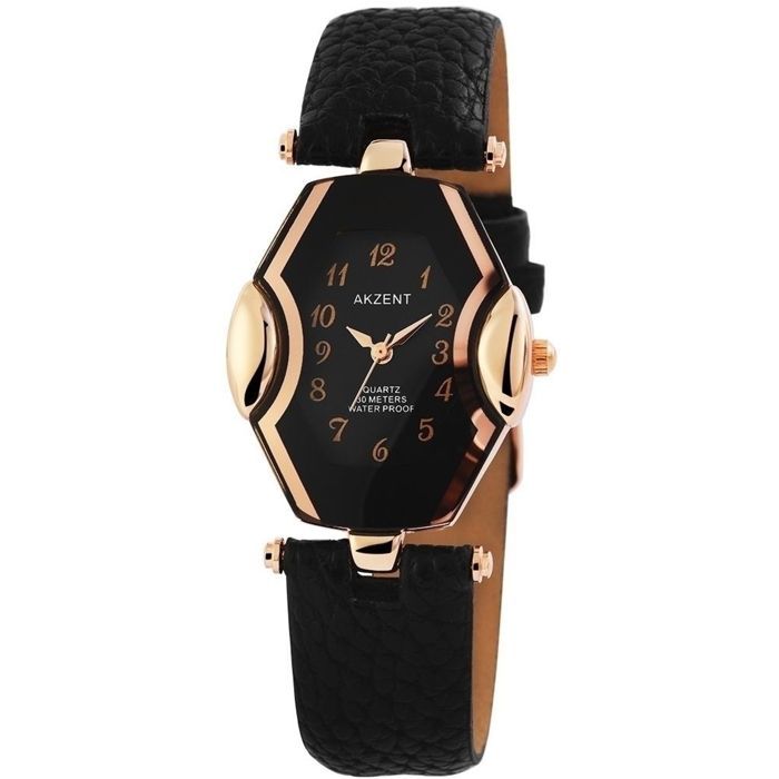 Montre femme - AKZENT - AK1700 - Boîtier tonneau doré rosé - Cadran noir - Bracelet simili cuir 18 mm