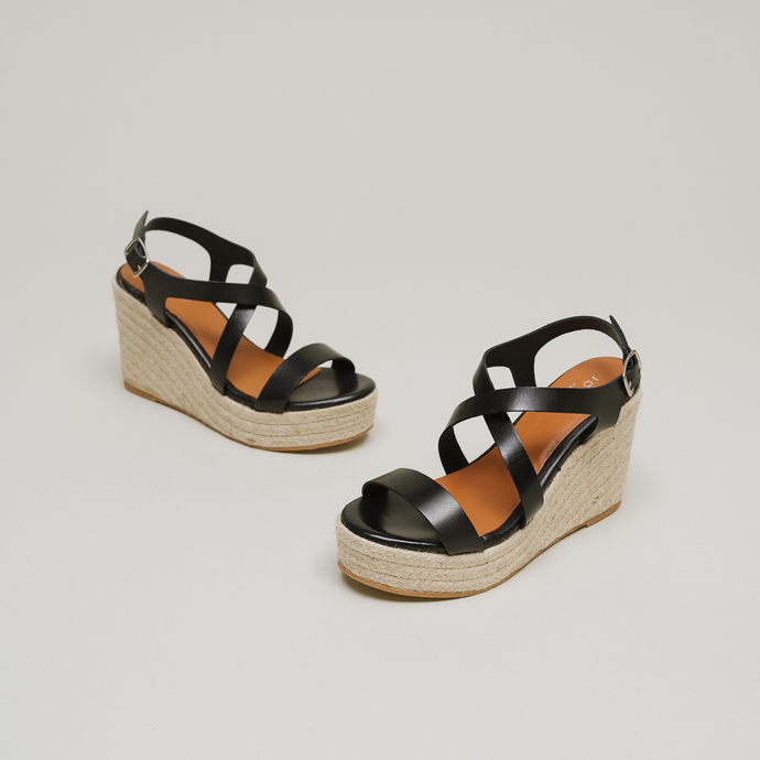 Espadrilles à brides croisées compensées  en cuir noir