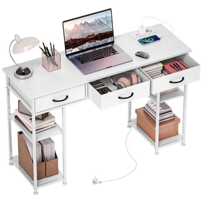 Desk with storage - HOMCOM - power outlets, 3 fabric drawers and 4 storage shelves - 120 x 40 x 76 cm - white