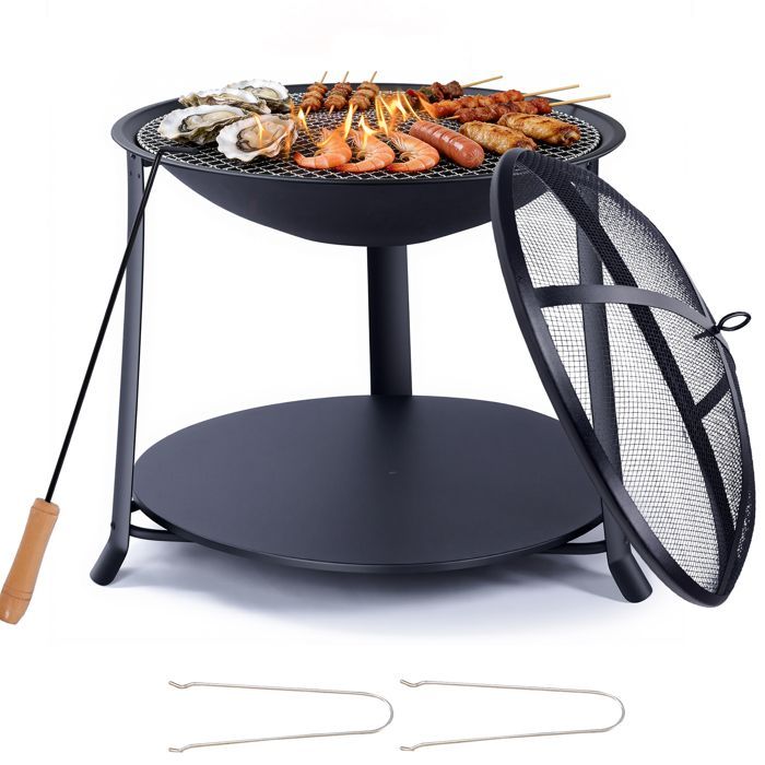 Brasero redondo multifuncional para jardín con estante y rejilla protectora contra chispas, barbacoa y calefactor exterior, de metal resistente.