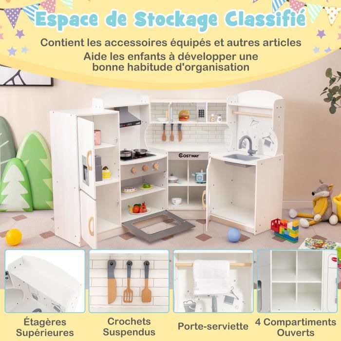 Cocina de juguete grande COSTWAY para 4 niños de 3 a 10 años, con luces y efectos de sonido - 15 accesorios, blanco y verde