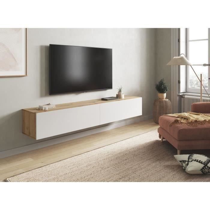 Meuble TV suspendu - L 180X P 28X H 35 cm KAWAY - Décor blanc et chêne - 2 Portes abattantes
