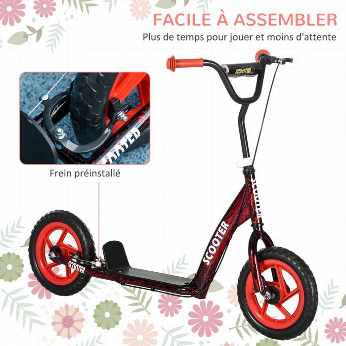 Patinete infantil - AIYAPLAY - Patinete para niños de 6 a 12 años, ruedas grandes de Ø 30 cm, freno, caballete - acero - rojo