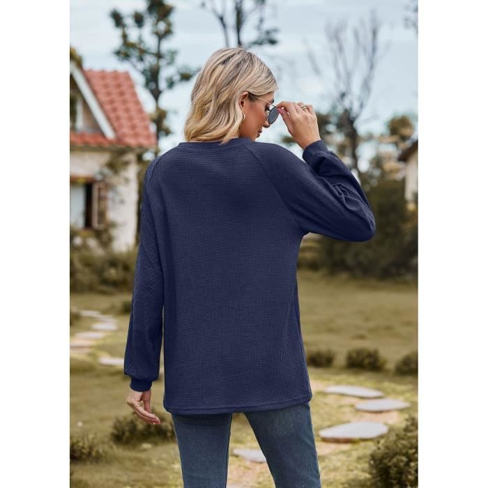 Pull Femme Manches Longues Col Rond Pullover Lâche Confortable Couleur Unie Pour Printemps Et Automne - Taille EU - Bleu Marine