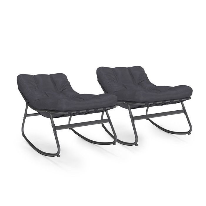 IDMARKET Juego de 2 mecedoras de jardín ARONA, color gris antracita con cojines grises.