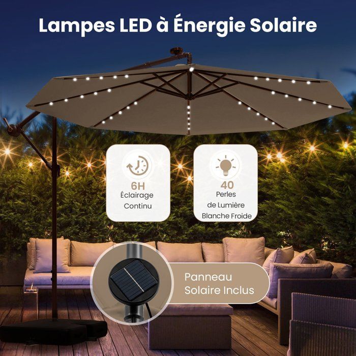 COSTWAY Parasol Déporté 3M avec 40 Lumières LED Panneau Solaire 6 Heures,Base Croisée Sac de Sable Tissu en Polyester UV 20+ Marron