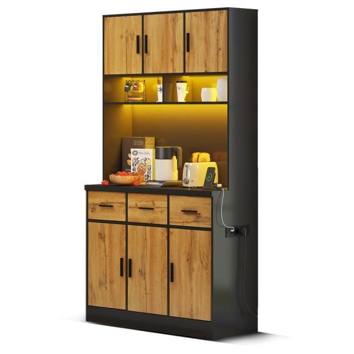 Meuble Buffet haut de cuisine noir avec éclairage LED salle a manger en bois-Style Contemporain-L 100 x P 40 x H 180 cm