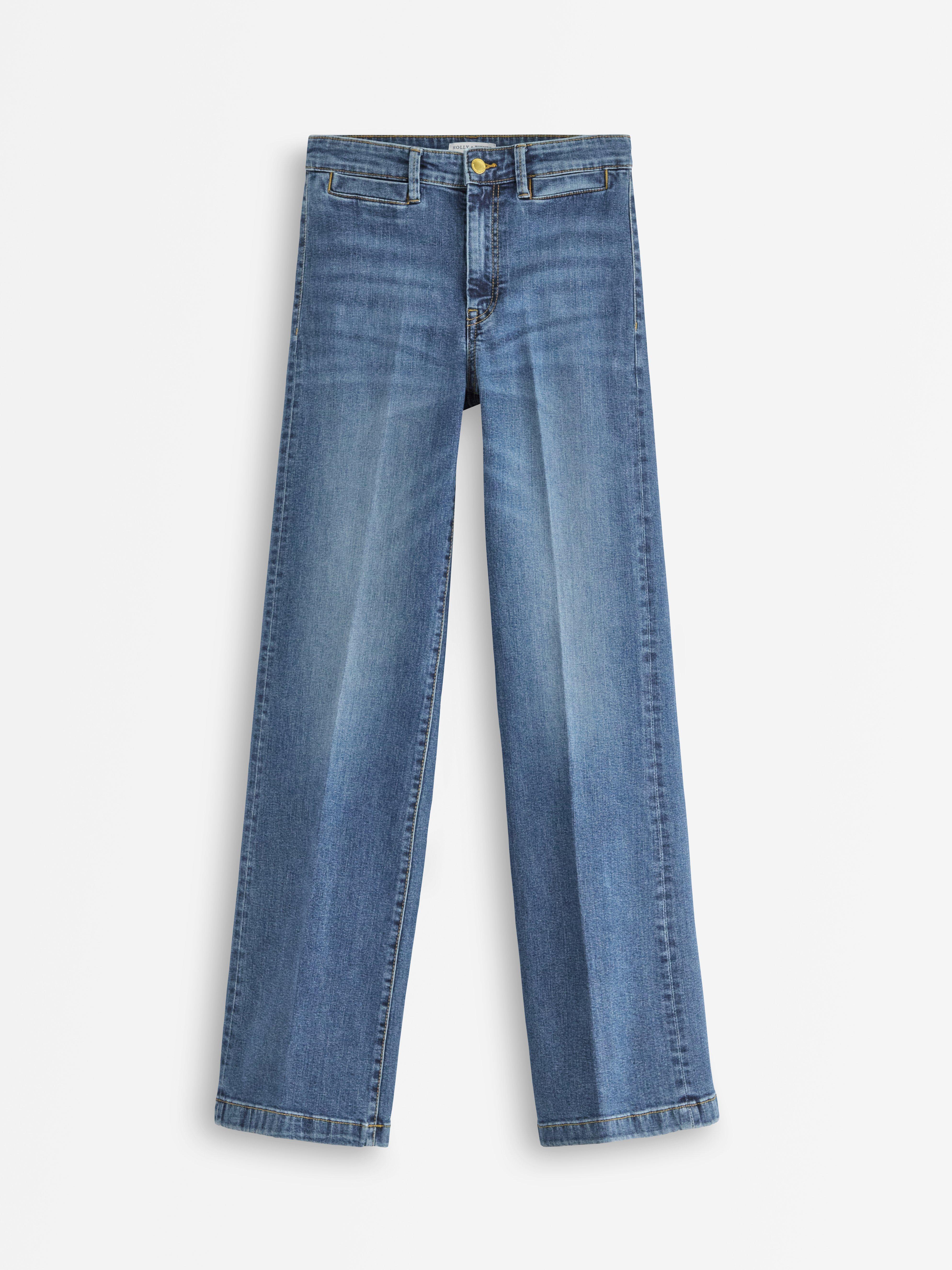 Vaqueros elásticos de pierna ancha, denim medio.