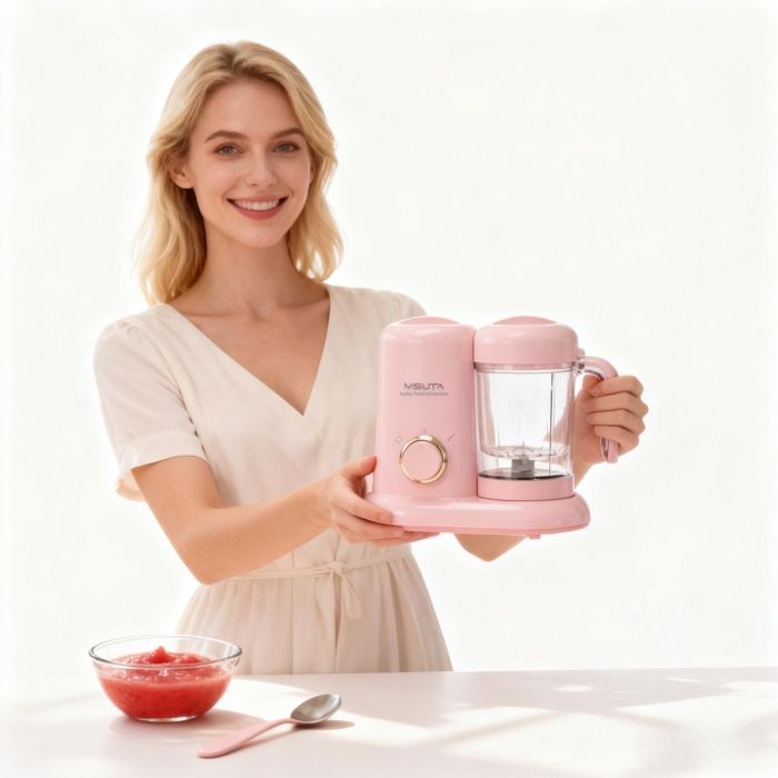 Robot da cucina multifunzione 4 in 1 per la preparazione di pappe e frullatore completamente automatico con funzione vapore e timer, rosa