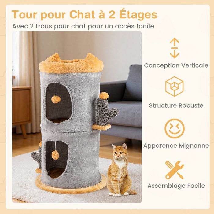 Arbre à Chat Mignon à 2 Étages COSTWAY, 2 Condos, 2 Boules en Peluche Suspendues, Perchoir Supérieur, Cachette en Forme de Tonneau