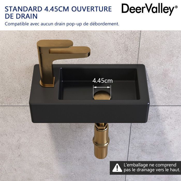 Lavabo rectangular pequeño de cerámica negra mate para espacios reducidos (lado izquierdo), DV-1V0091L - DeerValley