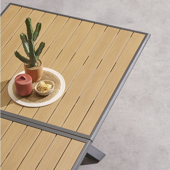 Ausziehbarer Gartentisch „Axiome“, honigfarbene Graphit-Holzoptik, 10 Sitzplätze, Aluminium – Hespéride – Graphitgrau