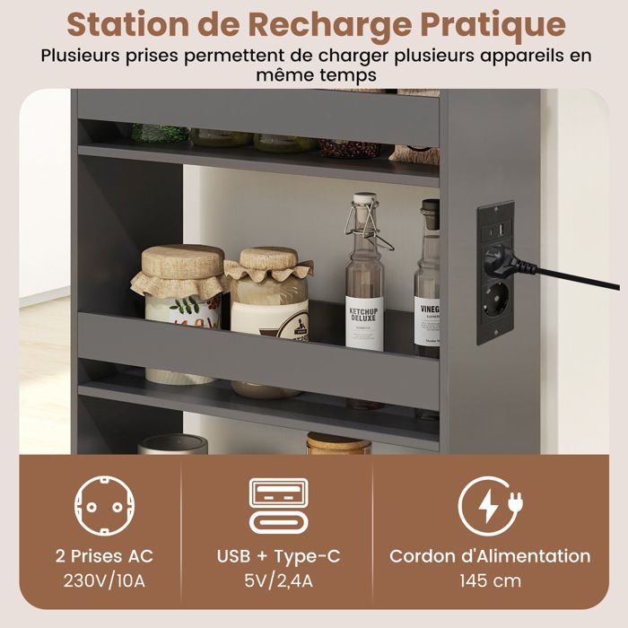 GIANTEX Narrow Kitchen Trolley with Wheels - 47.5x20x80.5cm - Charging Station - 4-Tier Serving Cart - Natural + Grey