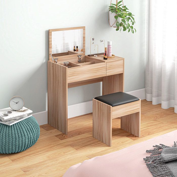 HOMCOM Coiffeuse avec Tabouret, Table de Maquillage avec Miroir, Plateau Abattant et Boîtes de Rangement, Naturelle