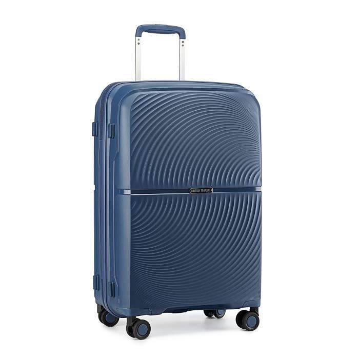 British Traveller Valise Cabine Rigide 55x40x22cm Valise en Polypropylène avec 4 Roulettes, Serrure TSA et Poignée Réglable, Marine