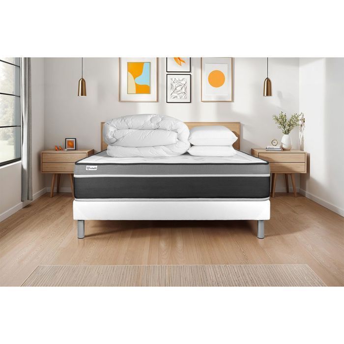 Komplettes Bettset – Matratze (180 x 200 cm) + Lattenrost (Montage erforderlich) + 2 Kissen + Bettdecke – Vital Care Weiß
