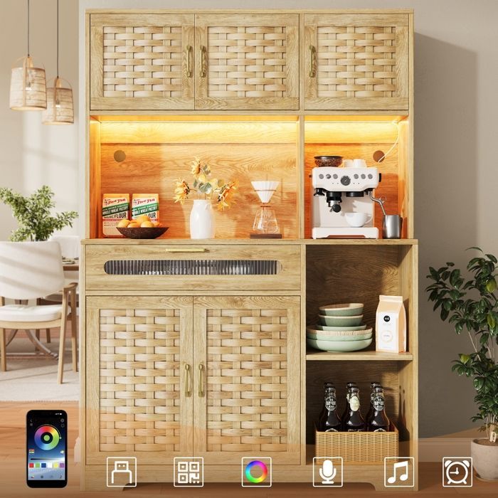 Versatile kitchen sideboard - MODERNLUXE - 137x45x178 cm - 2 doors - 3 drawers - 8 shelves - LED lighting - Natural
