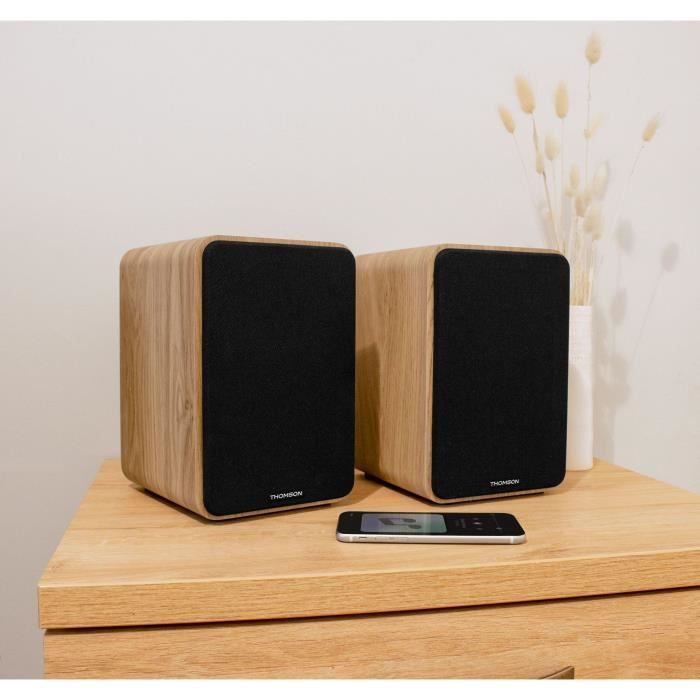 THOMSON WS602DUO - Set di 2 altoparlanti con mobile in legno - 100W - Bluetooth 5.0 - 2 uscite RCA - Legno chiaro