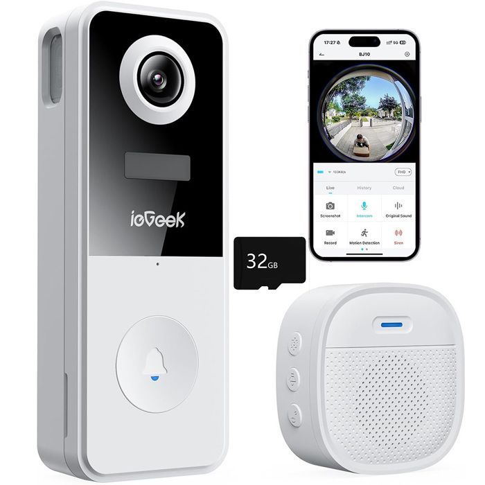 Timbre inalámbrico exterior impermeable 2K, timbre inalámbrico con cámara ojo de pez de 180°, compatible con Alexa, detección por IA con 32 GB