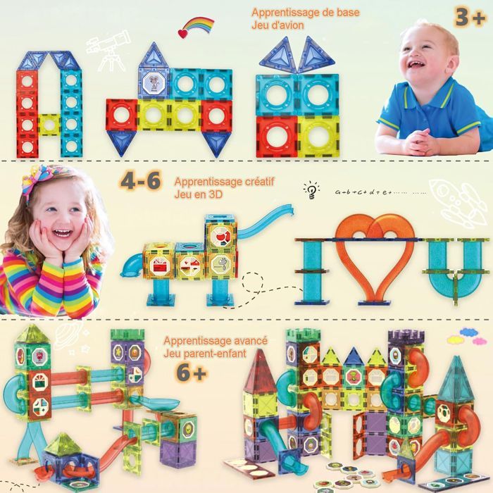 Bloques de construcción magnéticos - Construcción magnética infantil - Piezas magnéticas - 142 piezas, con luces LED - Idea de regalo para niños y niñas