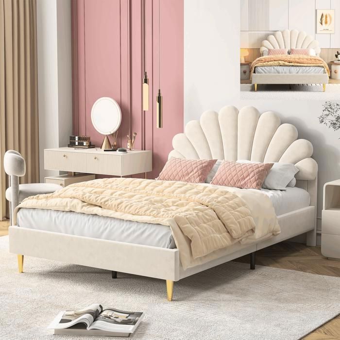 Double bed 140x190 cm - SUNFECILI - Beige - MDF and velvet - 250 kg - Easy assembly