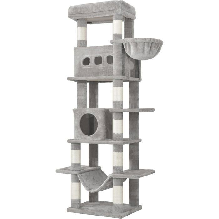 Árbol rascador grande para gatos de 170 cm, ideal para gatos grandes, con percha grande, alfombrilla lavable, 2 cuevas para gatos, 8 postes rascadores, color gris claro.