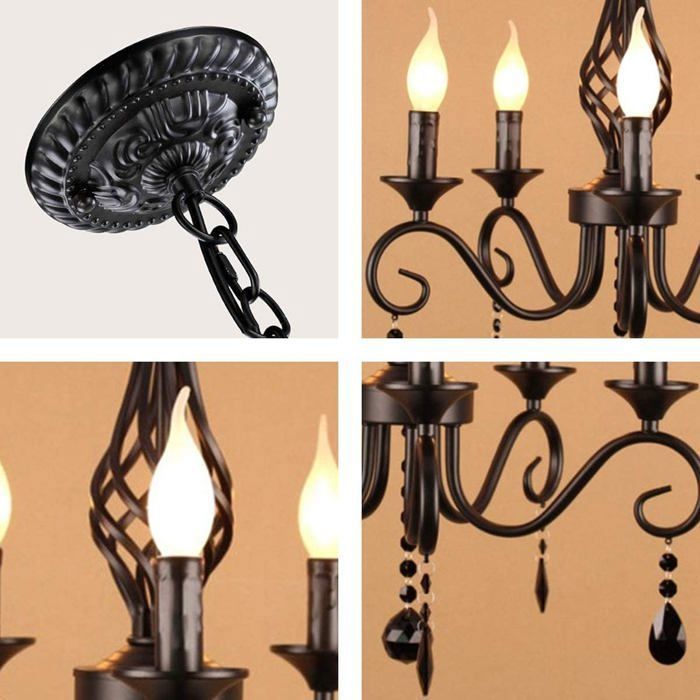 Ganeed Kronleuchter, Vintage-Industrie-Kronleuchter im französischen Landhausstil mit schwarzem Kristall, 5-flammig, für Esszimmer, E14-Fassung