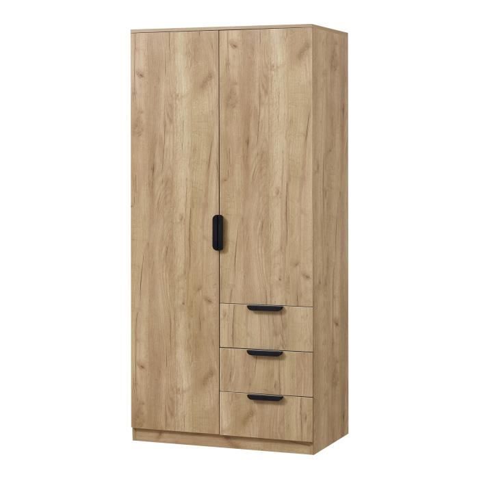 Armoire de chambre Eiselfing 1 penderie 4 étagères 3 tiroirs MDF 176 x 80 x 52 cm effet chêne