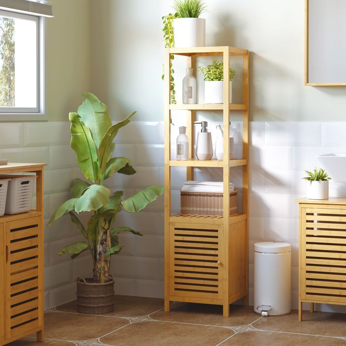 Bathroom storage column unit - HOMCOM - 2 shelves, 4 tiers - bamboo - 36x33x140cm - natural