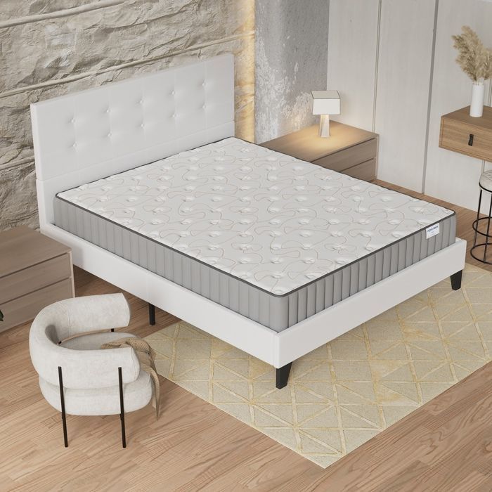 Colchón y cama (140x190cm) - Orionis 22cm de espuma viscoelástica y espuma de alta densidad + base de láminas estable y cabecero tapizado en blanco